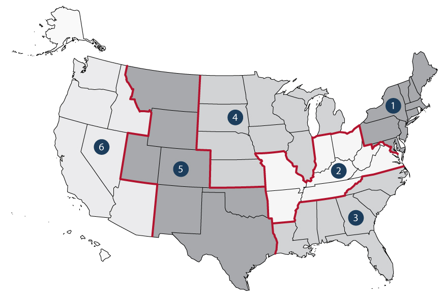 A map depicting the regions represented by the ACOFP resident council